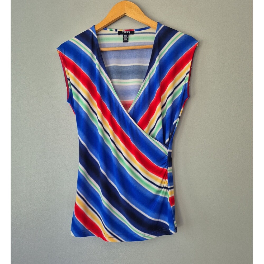 Chaps Multi Color Striped Diagonal Sleeveless V Neck Faux Wrap Top Womens Medium